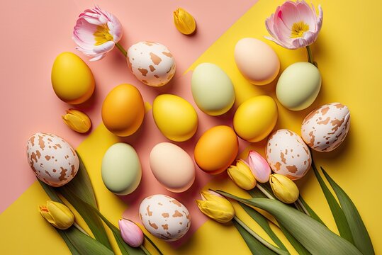 Stylish background with colorful easter eggs isolated on yellow background with yellow tulip flowers. Ai generative.