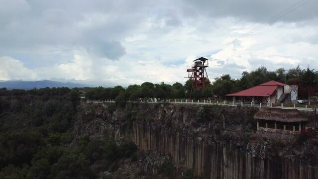Drone view of the basaltic prisms, where the prismas of Hidalgo and the ranch of Santa Maria Regla. Huasca. Magical town.