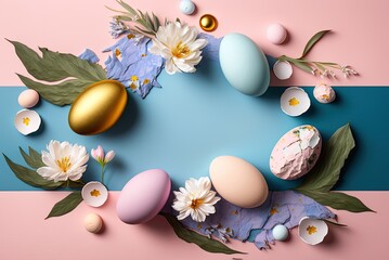 Fototapeta na wymiar Pastel Easter eggs on blue background top view. Ai generative.
