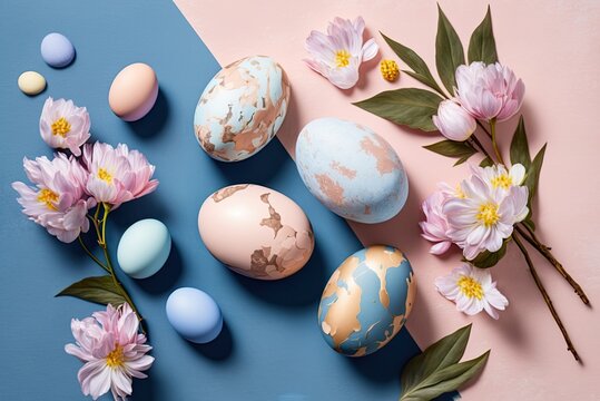 Pastel Easter eggs on blue background top view. Ai generative.