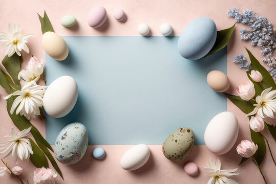 Pastel Easter eggs on blue background top view. Ai generative.