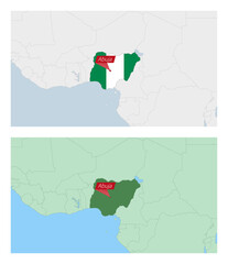 Nigeria map with pin of country capital. Two types of Nigeria map with neighboring countries.