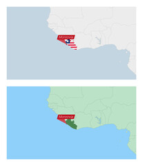 Liberia map with pin of country capital. Two types of Liberia map with neighboring countries.