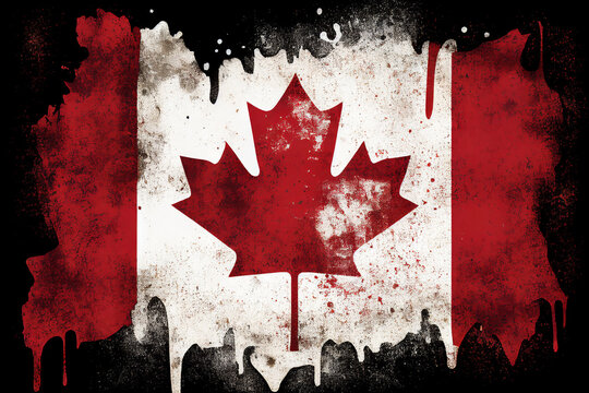 National flag of Canada background with a distressed vintage weathered effect which has a red Canadian maple leaf in the centre, computer Generative AI stock illustration image