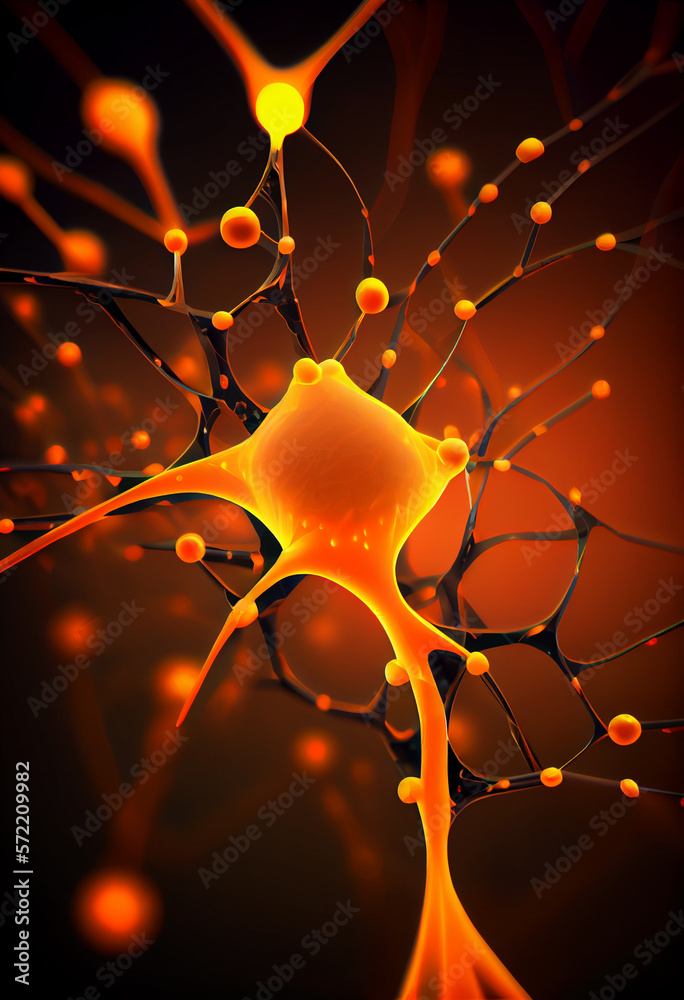 Fototapete Connecting nerve cells that emit a orange light. The notion of an artificial neuron in artificial intelligence. 