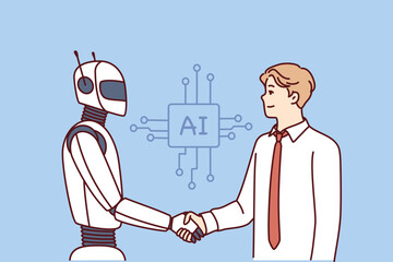 Naklejka na ściany i meble Man shakes hands with robot as sign of friendship between humans and artificial intelligence AI. Concept developing technologies equipped with artificial intelligence and neuron networks 
