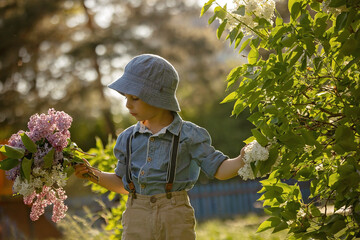 Stylish preshcool child, cute boy, enjoying lilac flowers bush in blooming garden