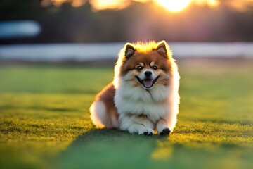 Fototapeta na wymiar Pomeranian spitz toy dog outdoor, generative ai. Cute puppy smiling