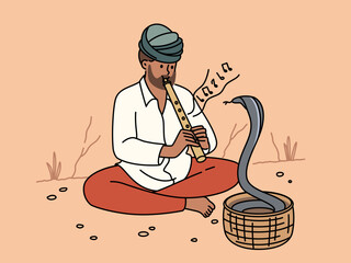 Man in turban playing on flute with cobra dancing in basket. Snake charmer play musical instrument for hypnotizing. Vector illustration.  © Dzianis Vasilyeu