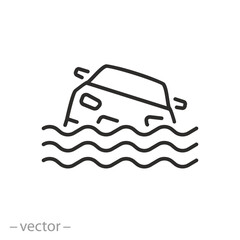 flood car icon, flooded road, natural disaster, auto in water waves, line symbol on white background - editable stroke vector illustration eps10