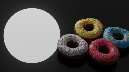 3D render of bright donuts in colored glaze with sprinkles on a black background, space for text. Bright tasty donuts for creating menu designs, restaurants and cafes, online delivery platforms.