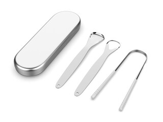 Blank Tongue Scraper Set Stainless Steel Cleaner Set with Iron Case, 3d render illustration.
