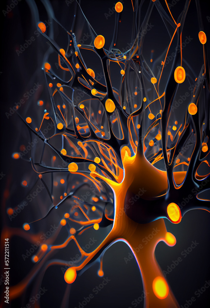 Fototapete Connecting nerve cells that emit a orange light. The notion of an artificial neuron in artificial intelligence. 