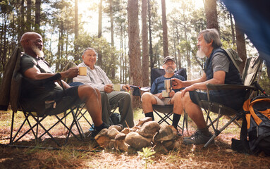 Obraz na płótnie Canvas Senior people, friends and camping with coffee in nature for travel, adventure or summer vacation on chairs in forest. Group of elderly men relax, talking or enjoying camp out by trees in the woods