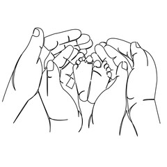 newborn's legs in the hands of mom and dad