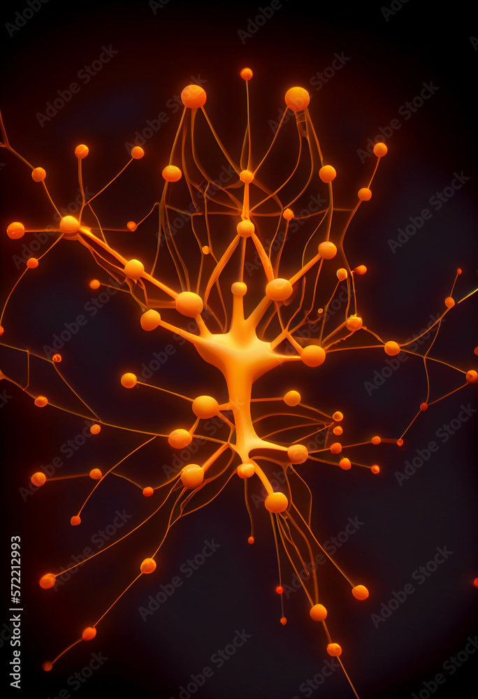 Fototapete Connecting nerve cells that emit a orange light. The notion of an artificial neuron in artificial intelligence. 