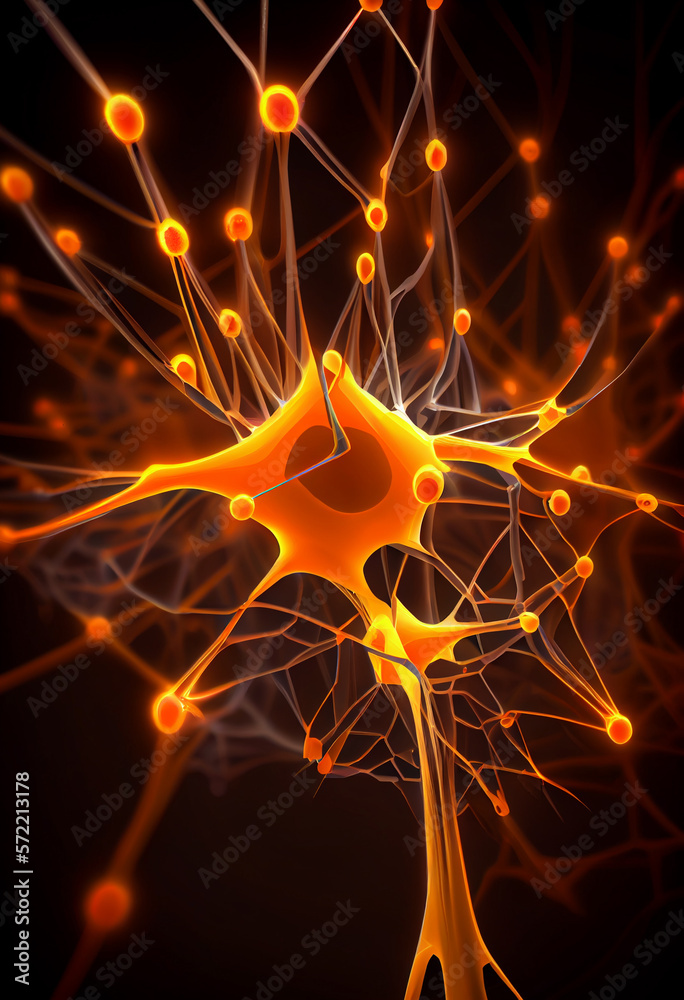 Fototapete Connecting nerve cells that emit a orange light. The notion of an artificial neuron in artificial intelligence. 