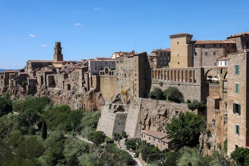 Pitigliano - the picturesque medieval town founded in Etruscan time on the tuff hill in Tuscany,...