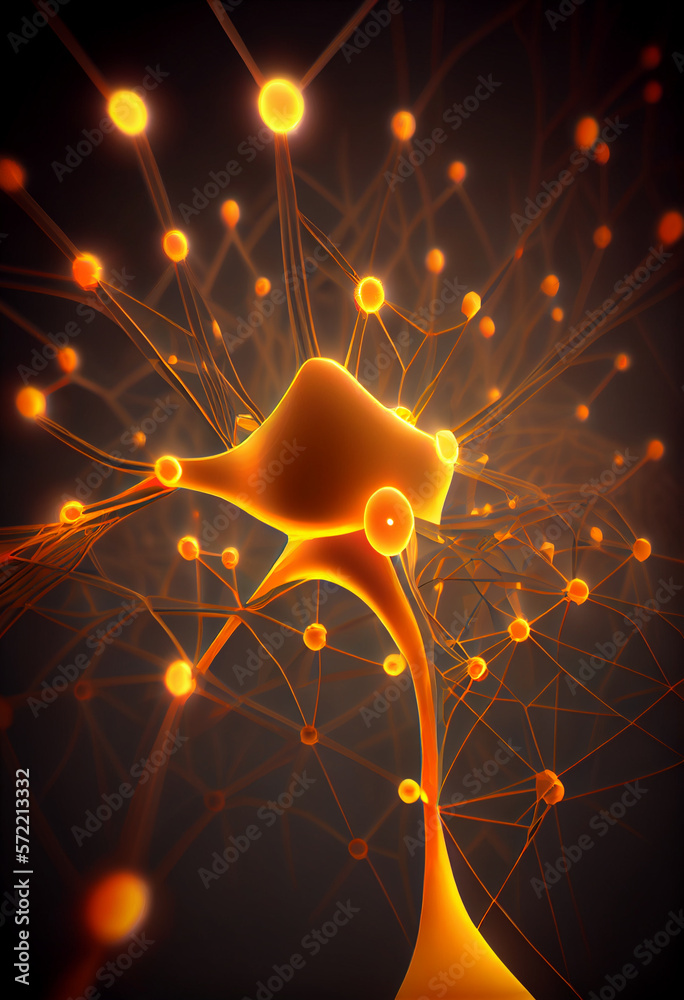 Fototapete Connecting nerve cells that emit a orange light. The notion of an artificial neuron in artificial intelligence. 