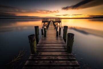 Obraz premium Perspective view of a wooden pier on the sea with an amazing sunset, with reflections on the water. inspiration concept, enjoy life, relaxing moment - Generative AI