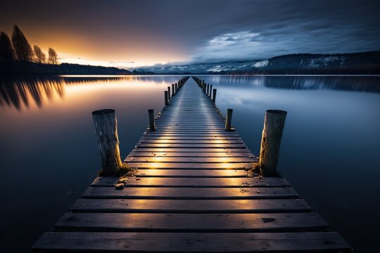 Perspective view of a wooden pier on the sea with an amazing sunset, with reflections on the water. inspiration concept, enjoy life, relaxing moment -  Generative AI