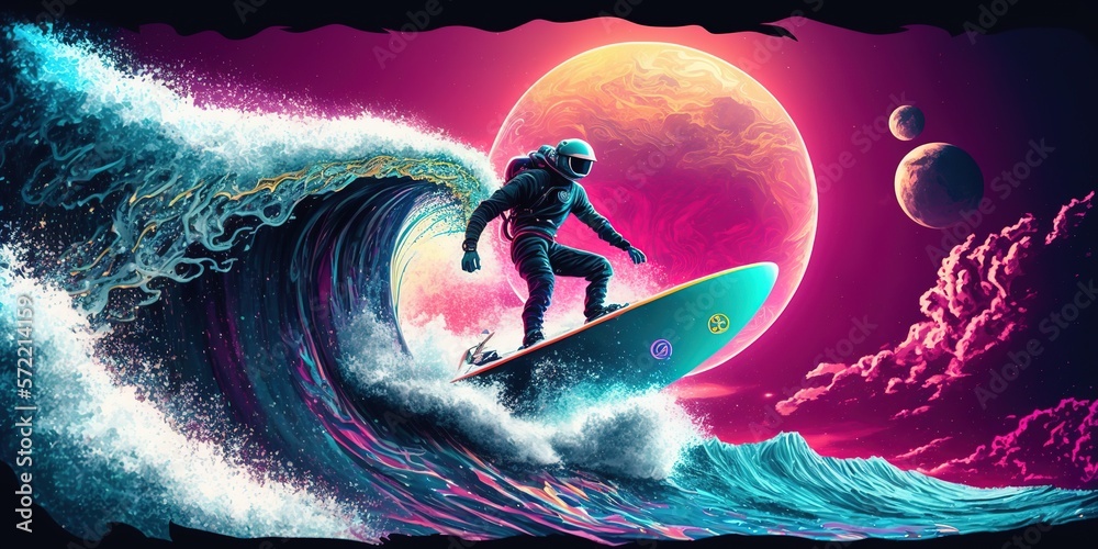 Wall mural big wave space surfer. vaporwave style. digital painting. planets, futuristic atmosphere, synthwave 