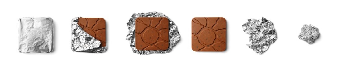 Chocolate in foil on a white background