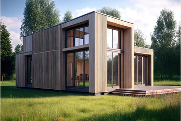 Timber frame modular house with flat roof, panoramic windows and double doors. Generative AI