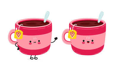 Cute funny pink cup of tea waving hand character. Vector hand drawn cartoon kawaii character illustration icon. Isolated on white background. Pink cup of tea character concept