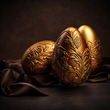 Decorative Gold Painted Easter Eggs, Generative AI