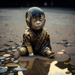 Little Buddha statue in gold sit on the floor, Generative AI