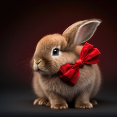 Easter bunny with red bow tie and brown background, Generative AI
