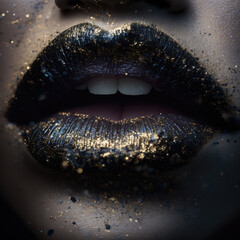 Woman lips with glittery black and gold lipstick, Generative AI