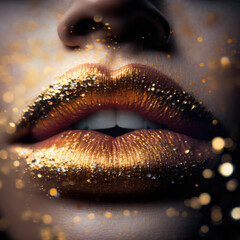 Woman lips with glittery gold lipstick, Generative AI