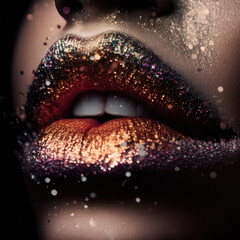 Woman lips with glittery red and gold lipstick, Generative AI