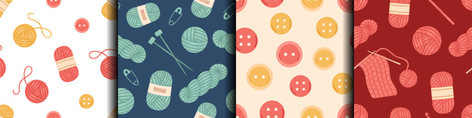 Vector set of seamless patterns with wool yarn balls and skeins, knitting needles, crochet hooks and buttons. Cozy crafting hobby. Backgrounds with knitting tools in flat design. Handmade concept.