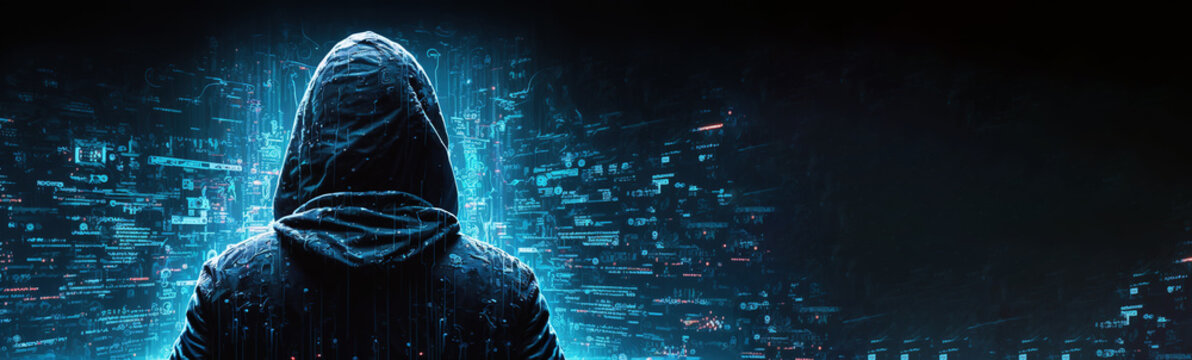 The dark web hooded hacker, digital binary code on background Banner with copy space - Generative AI