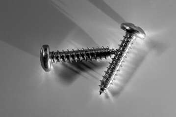 two self-tapping screws on a neutral background illuminated by grazing light