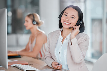 Asian woman, call center and portrait smile for telemarketing, customer support or service at office desk. Happy female consultant or agent smiling in contact us for desktop advice, help or sales