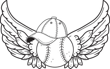 Vector illustration of a baseball with wings and a baseball cap. Sports logo, tattoo.
