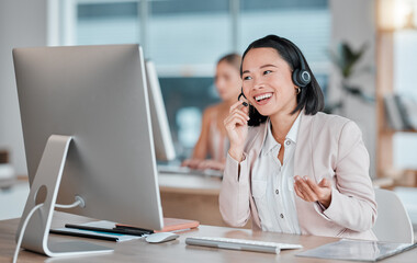 Asian woman, call center and computer in consultation for telemarketing, customer support or...