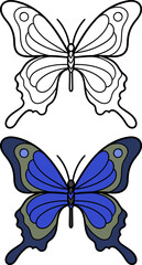 Hand drawn butterflies. Set of two butterflies,linear and colored.Vector illustration doodle style. Coloring.
