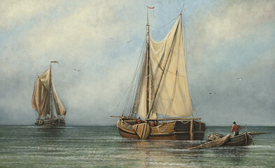 Old fishing boats at sea, fisherman pulls nets, fishing. Artwork, digital oil paintings sea landscape, old sailing ship