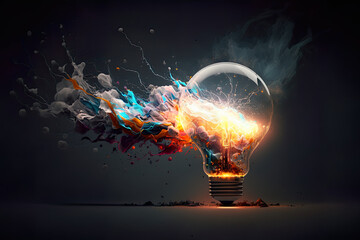 Lightbulb eureka moment with Impactful and inspiring artistic colourful explosion of paint energy	
Generative Ai - obrazy, fototapety, plakaty