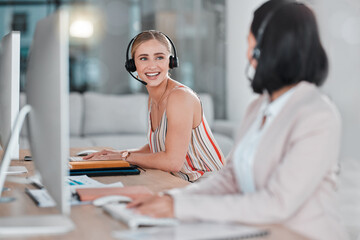 Telemarketing, teamwork and women talking in call center, office or company workplace. Customer...