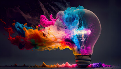 Lightbulb eureka moment with Impactful and inspiring artistic colourful explosion of paint energy  Generative Ai