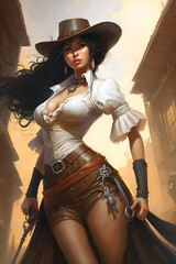 Asian female gunslinger in thigh high boots and skirt, wild west style - obrazy, fototapety, plakaty
