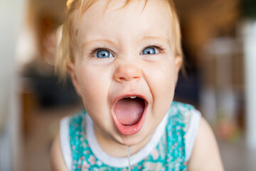 close up of baby roar face with dribble