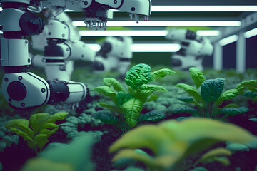 Modern digital technologies robots with intelligence take care of crops in greenhouses. Generative AI technology.