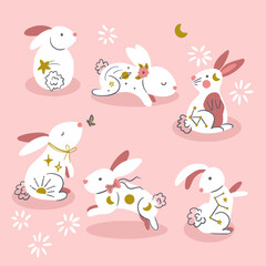 Cute Cosmic Rabbits Vector Isolated Elements Set